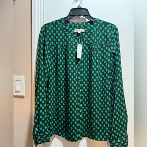 NWT Banana Republic Long Sleeve Dot Blouse In Black & Green Size L